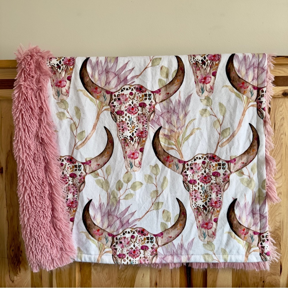 Floral Cow Skull Print Plush Minky Baby Blanket